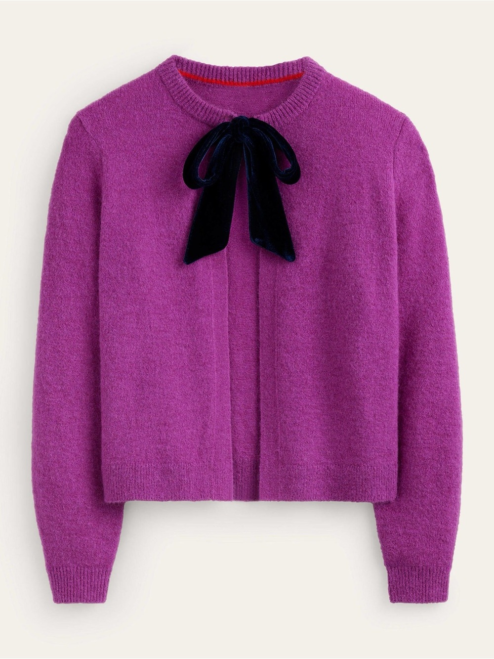 Boden magenta Fluffy Bow Cardigan velvet tie neck sweater wool blend